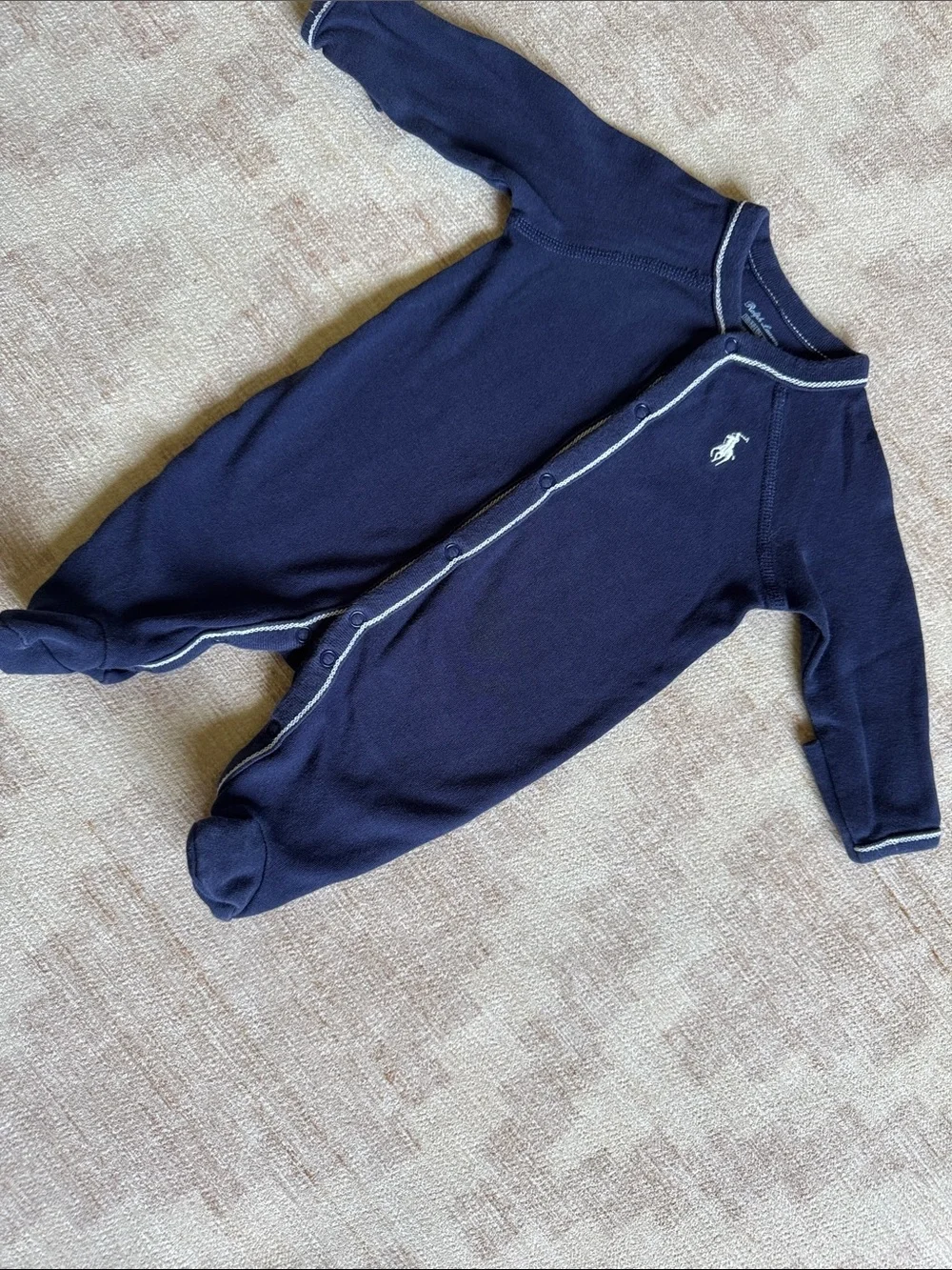 Ralph Lauren Newborn Navy Footed Baby One-Piece with White Contrast Piping